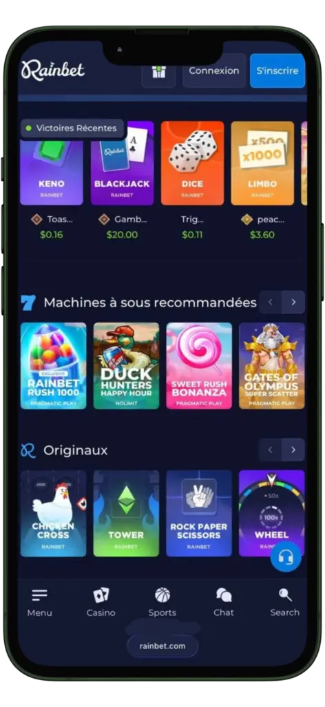 Page web mobile Rainbet