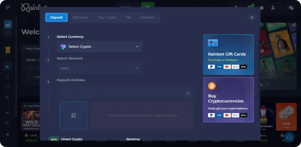 Deposits with Visa, Mastercard, PayPal and Apple Pay Rainbet Casino