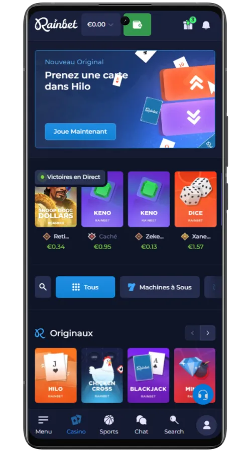 Expérience de jeu sur mobile Rainbet Casino